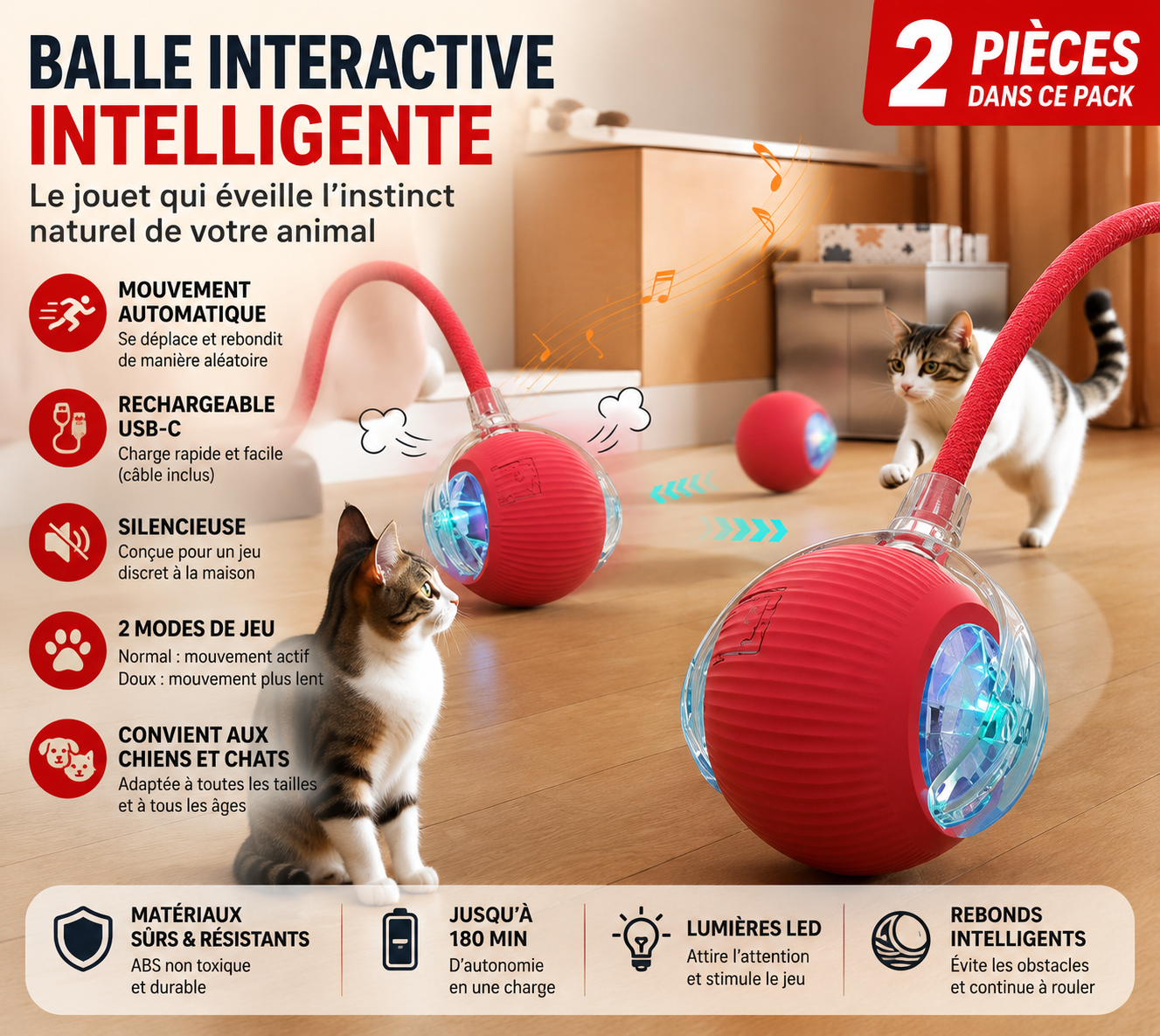 Balle Interactive Intelligente Pawora™ – Jouet rechargeable pour chiens & chats
