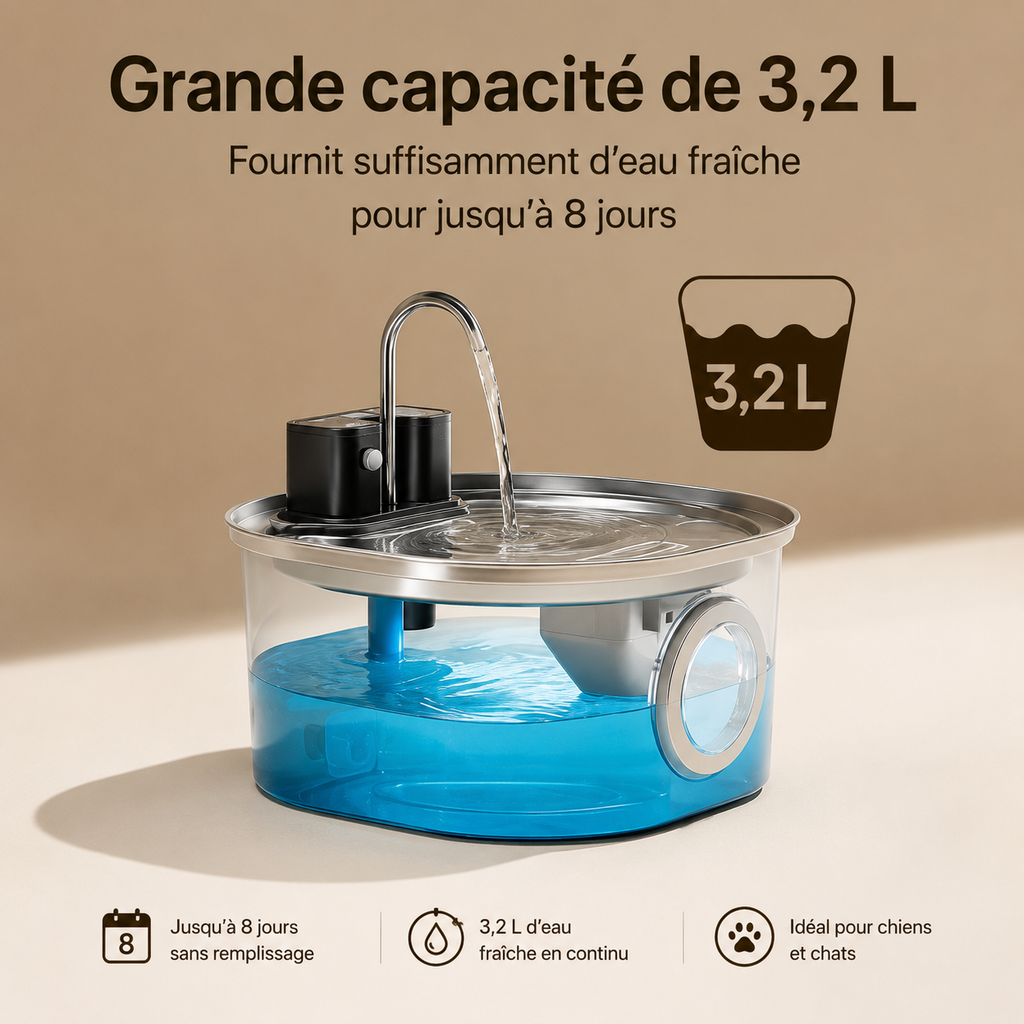 Fontaine à eau Pawora™ 3 L en acier inoxydable – Sans fil avec capteur intelligent