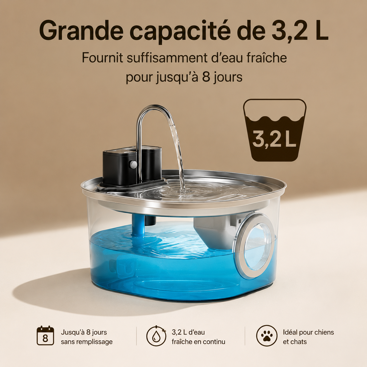 Fontaine à eau Pawora™ 3 L en acier inoxydable – Sans fil avec capteur intelligent
