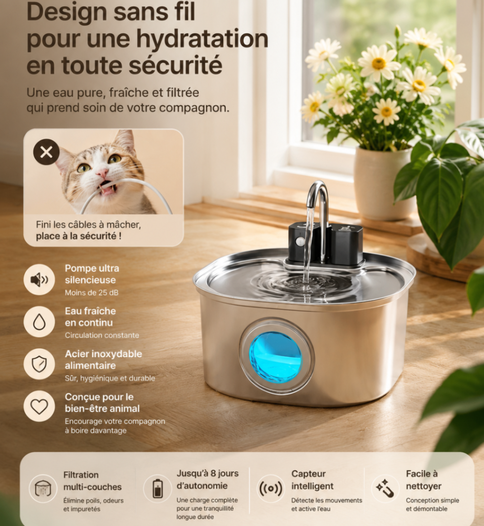 Fontaine à eau Pawora™ 3 L en acier inoxydable – Sans fil avec capteur intelligent