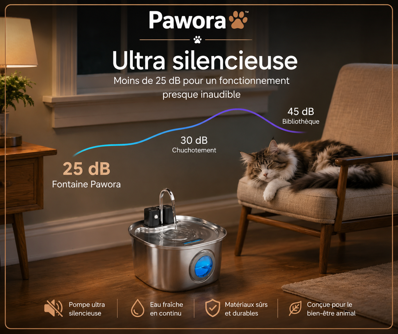Fontaine à eau Pawora™ 3 L en acier inoxydable – Sans fil avec capteur intelligent