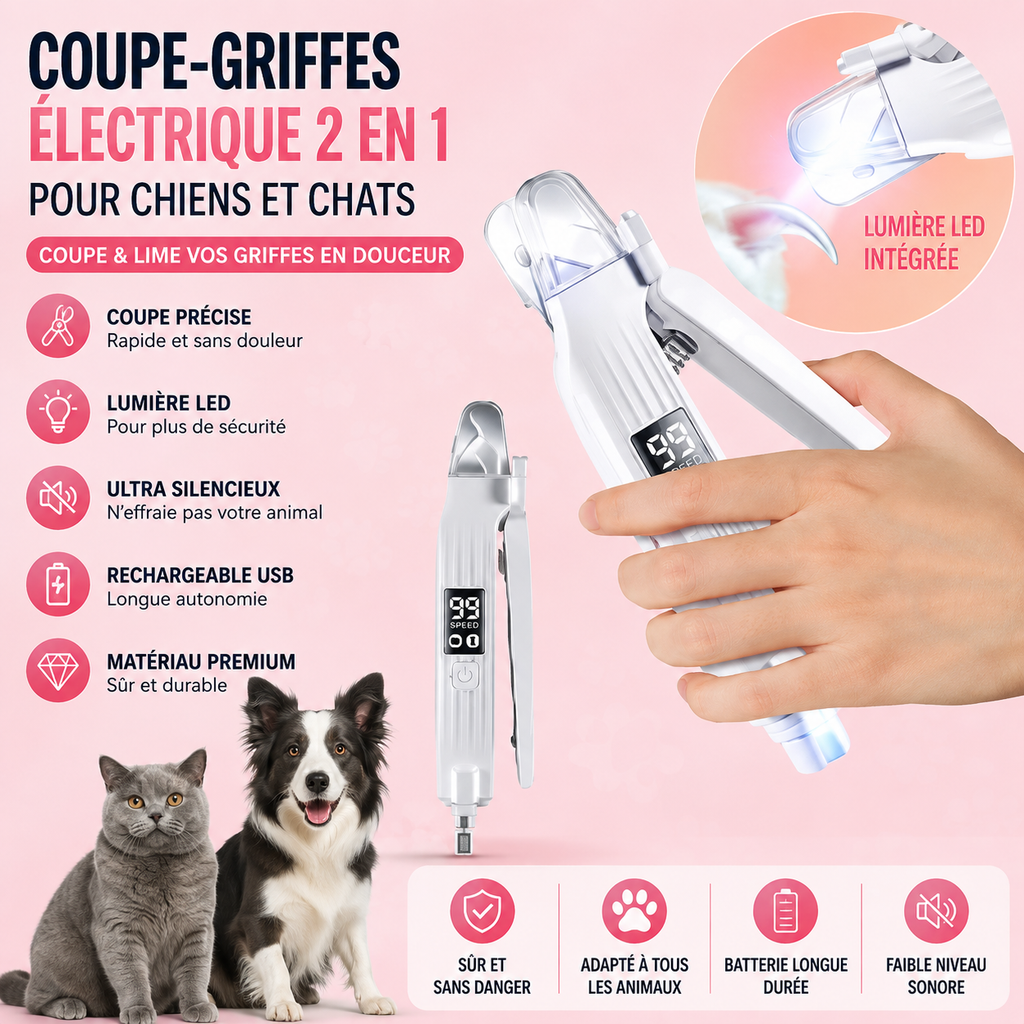 Coupe-Griffes Électrique 2-en-1 LED pour Chiens et Chats | Coupe & Lime Rechargeable USB
