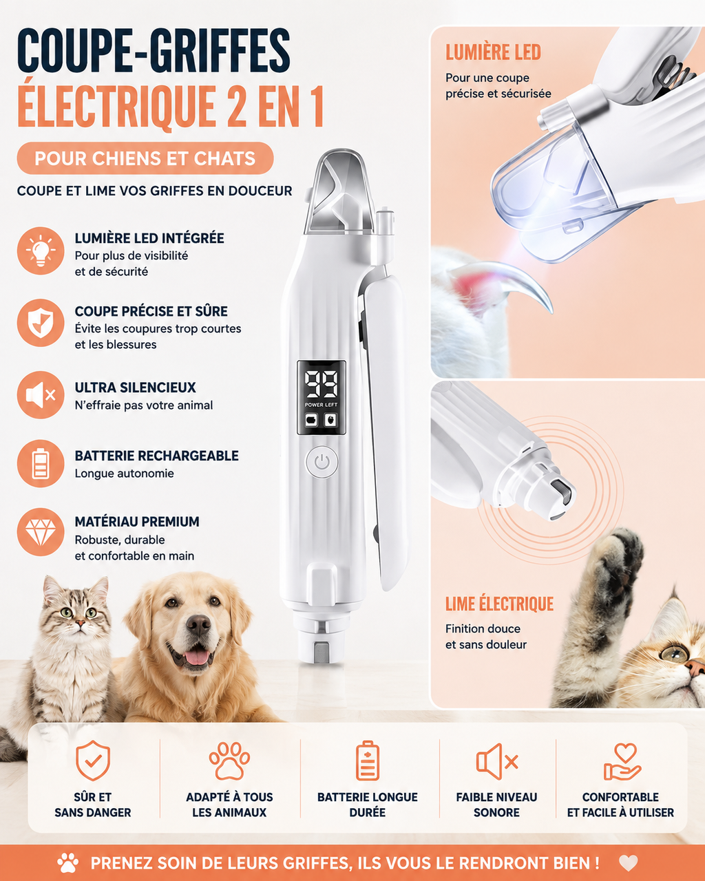 Coupe-Griffes Électrique 2-en-1 LED pour Chiens et Chats | Coupe & Lime Rechargeable USB