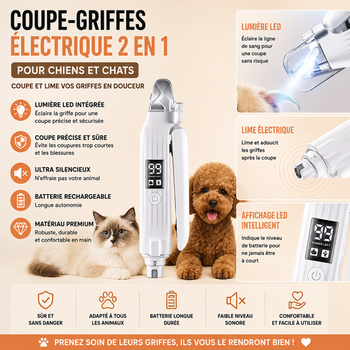 Coupe-Griffes Électrique 2-en-1 LED pour Chiens et Chats | Coupe & Lime Rechargeable USB