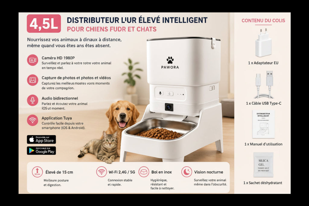 Distributeur automatique intelligent avec caméra 1080P pour chiens & chats