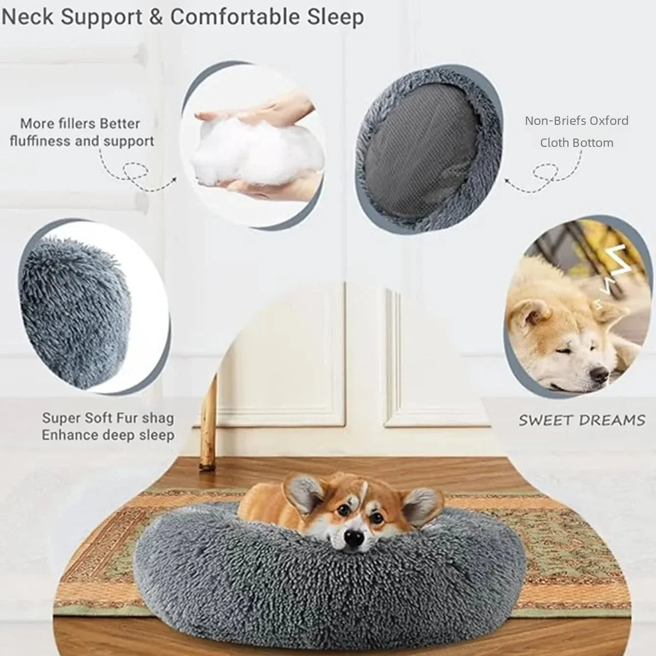 40-90cm 6 Groottes Ronde Troeteldierbed Vir Groot Hondebed Super Sagte Katbed Plaasdierbed Vir Medium Hondehuis Winter Warm Slaapplek