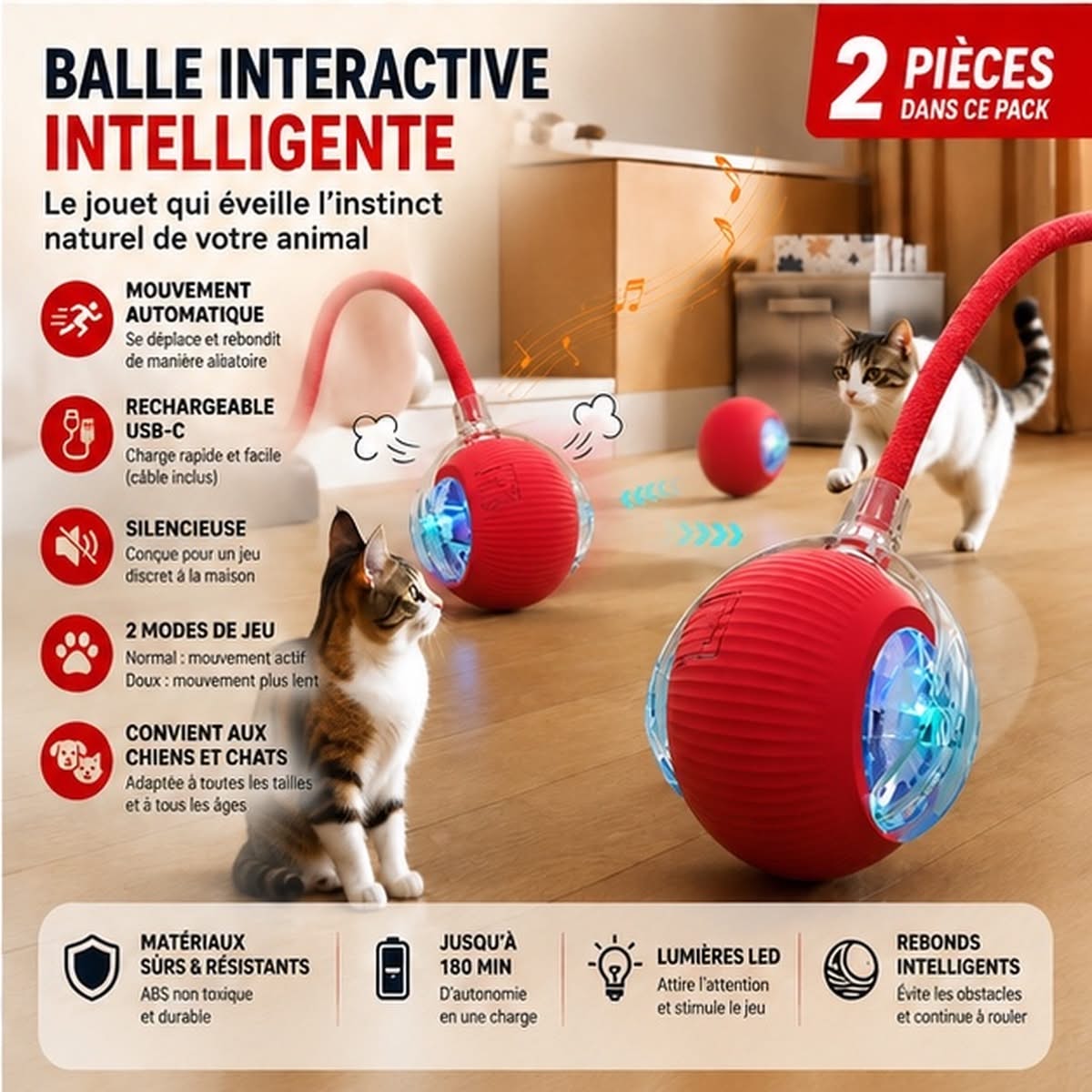 Balle interactive intelligente rechargeable pour chiens et chats - PaworaFlow