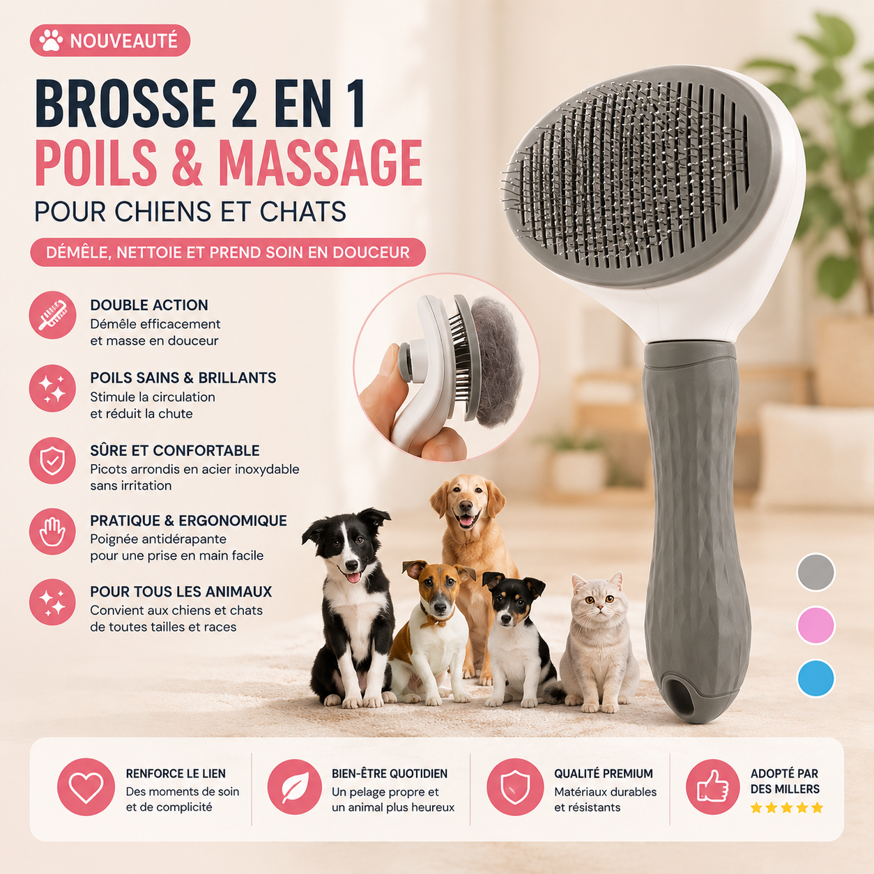 Brosse 2 en 1 anti-poils et massage pour chiens et chats - PaworaFlow