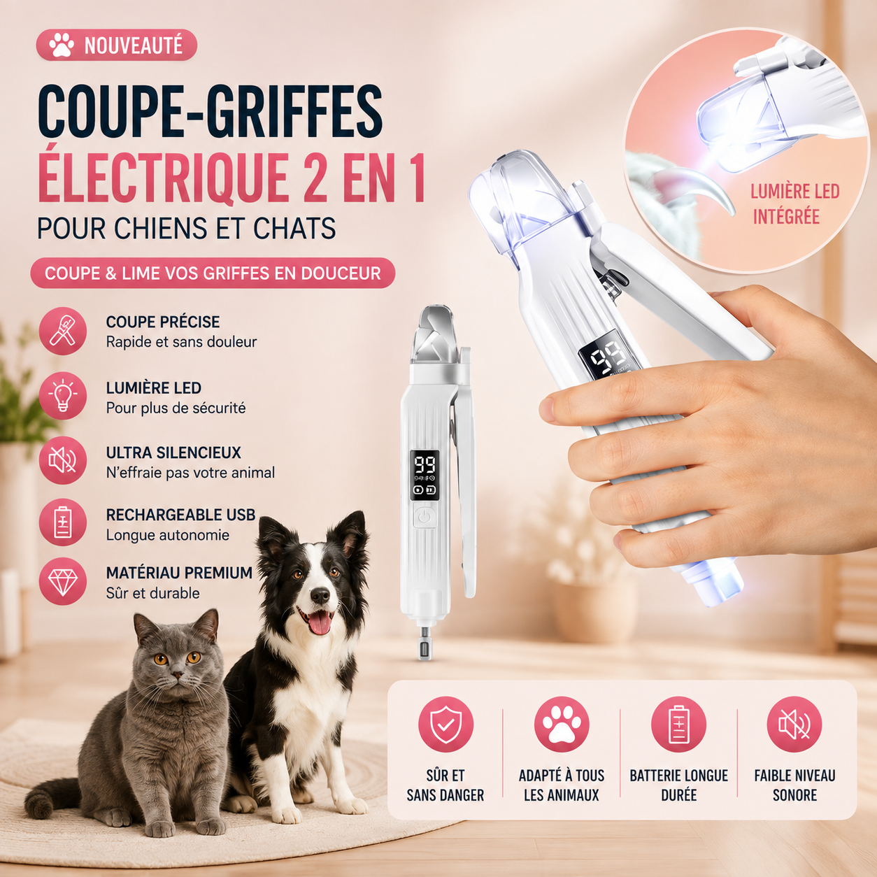 Coupe-griffes électrique 2 en 1 avec LED pour chiens et chats - PaworaFlow