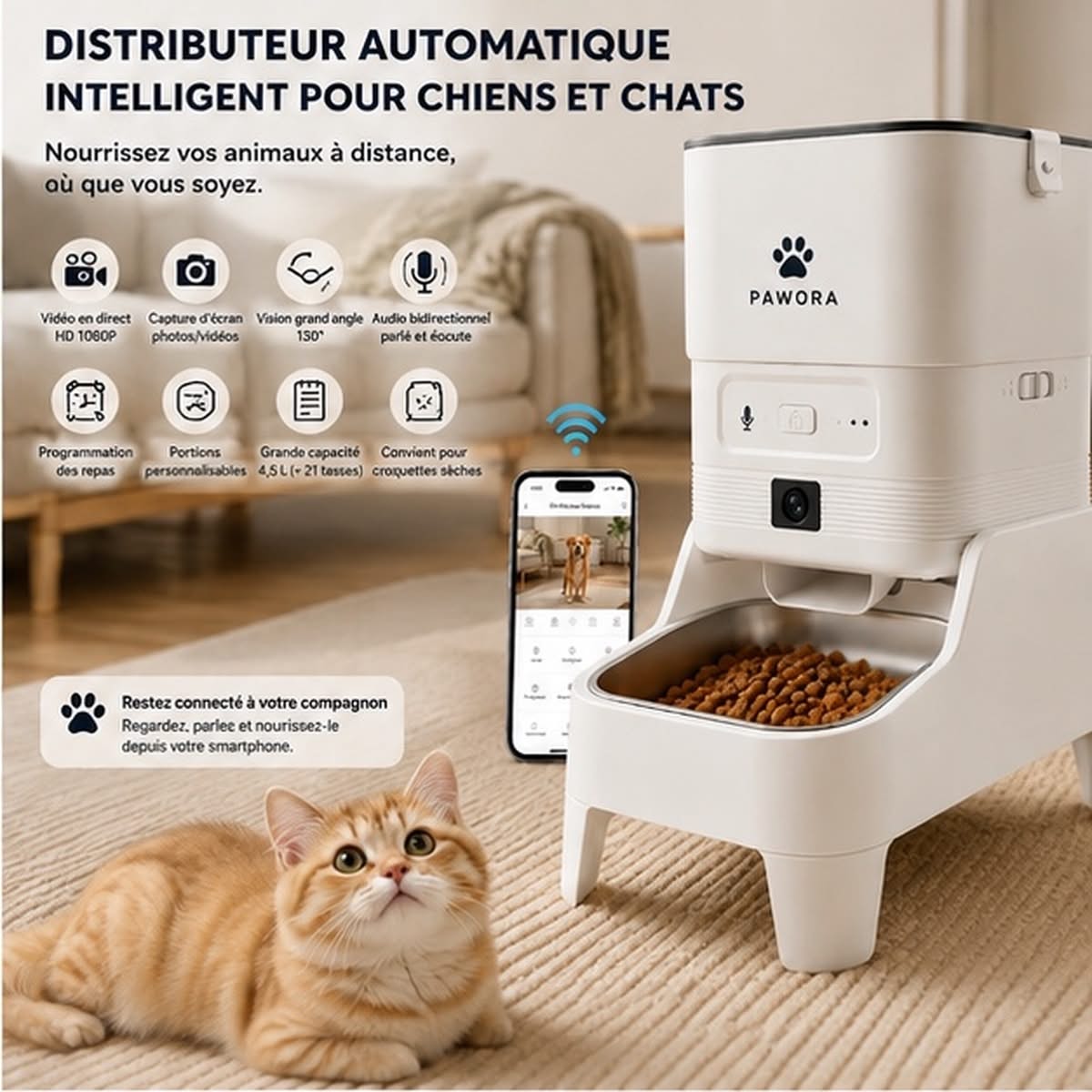 Distributeur automatique de croquettes connecté pour chiens et chats - PaworaFlow